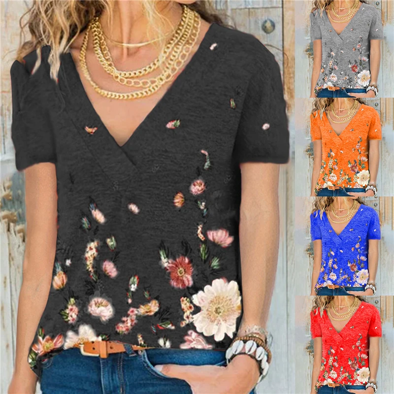 

2XL Women T Shirt 2021 New Summer Short Sleeve V-neck Floral Print Tee Shirts Streetwear Fashion Loose Casual T shirt