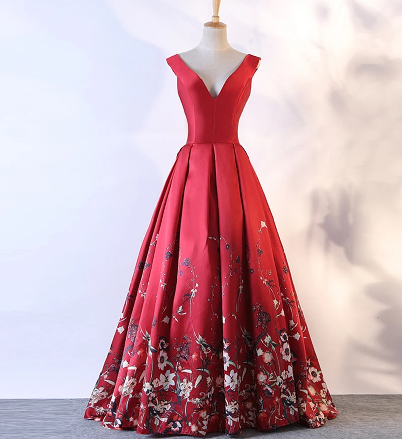

Real Photos New Wine Red V neck Evening Dress off shoulder Floral Print Long Formal Dress Woman Party Dresses Evening Gown