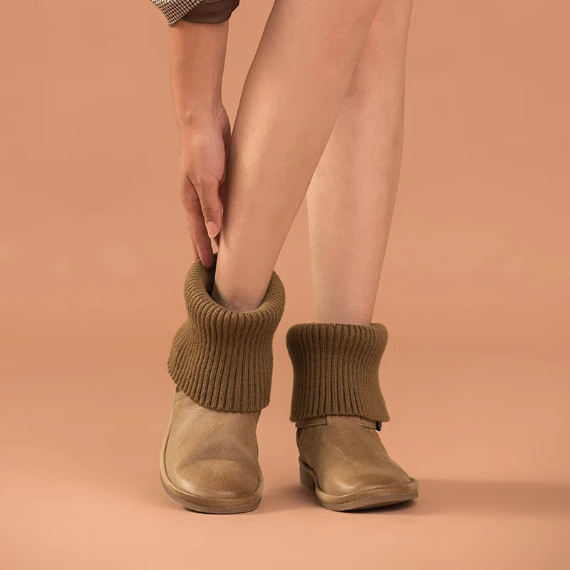 Ботинки женские до середины икры из натуральной коровьей кожи с круглым носком и