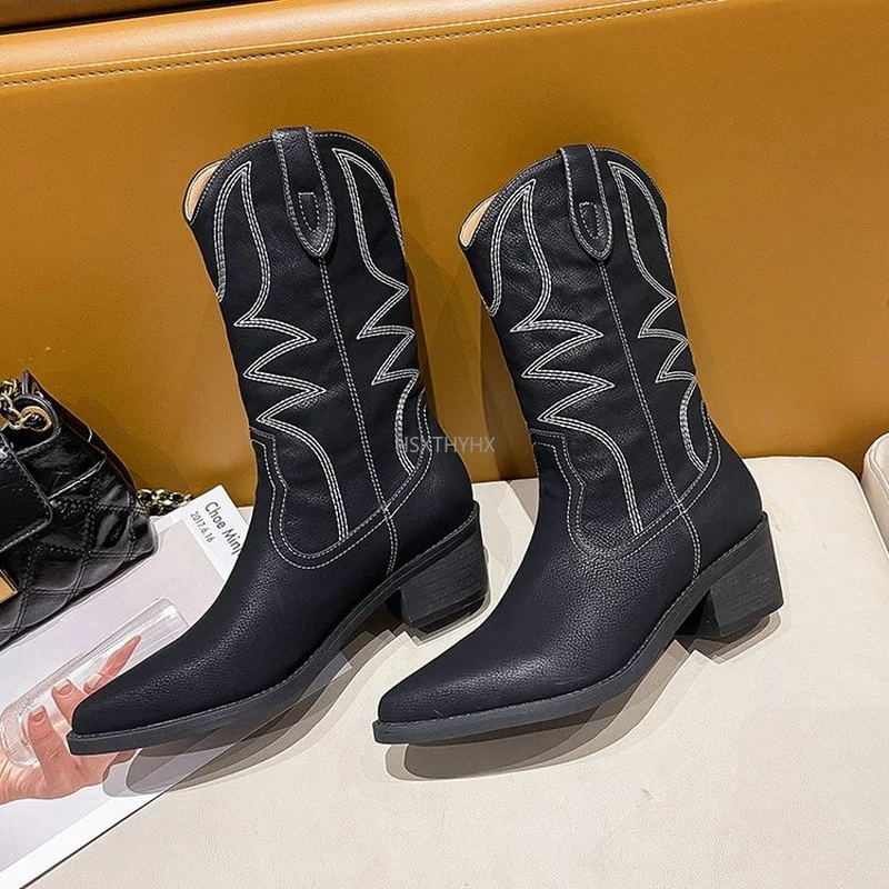 

2022 Women Mid Calf Western Boots Cowboy Pointed Toe Knee High Pull on Boots Ladies Fashion Leather Motorcycle Boots Botas Mujer