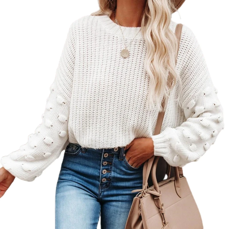 

Women Dot Puff Long Sleeve Sweater O-Neck Chunky Knitted Loose Jumper Crop Top