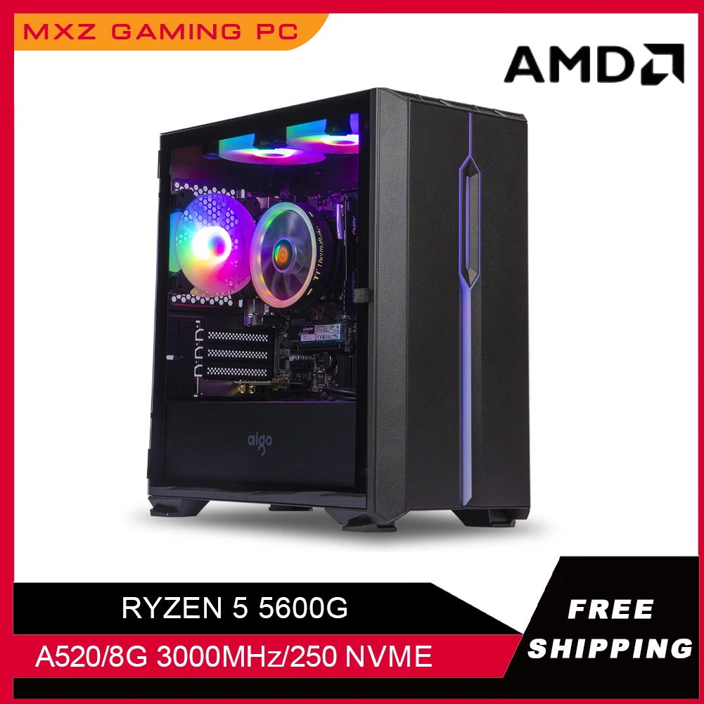 MXZ PC Gaming Ryzen 5 5600G A520 GDDR4 500GB Nvme SSD Windows 10 Pro Key Desktop Computer For System Unit PC Gaming Computers