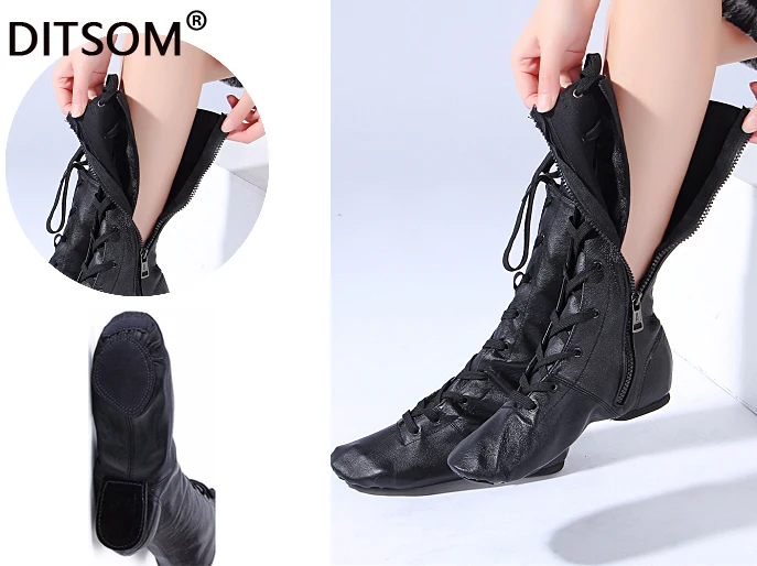 Женские высокие танцевальные ботинки из натуральной кожи с боковой молнией обувь для балета йоги фитнеса
