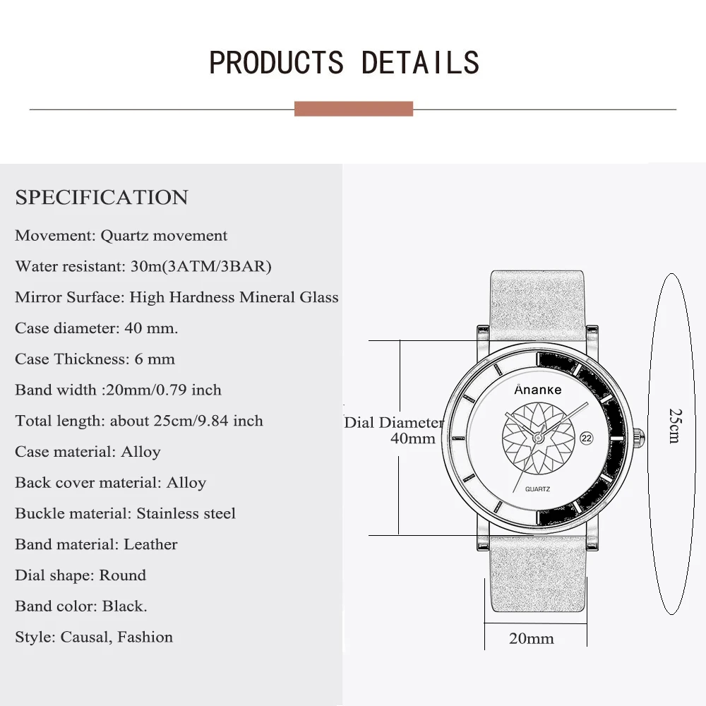 RU: Мужские кварцевые часы ANANKE, водонепроницаемые и ударостойкие, с черным кожаным ремешком на пряжке и автоматической датой, для молодых мужчин, модель AN03.