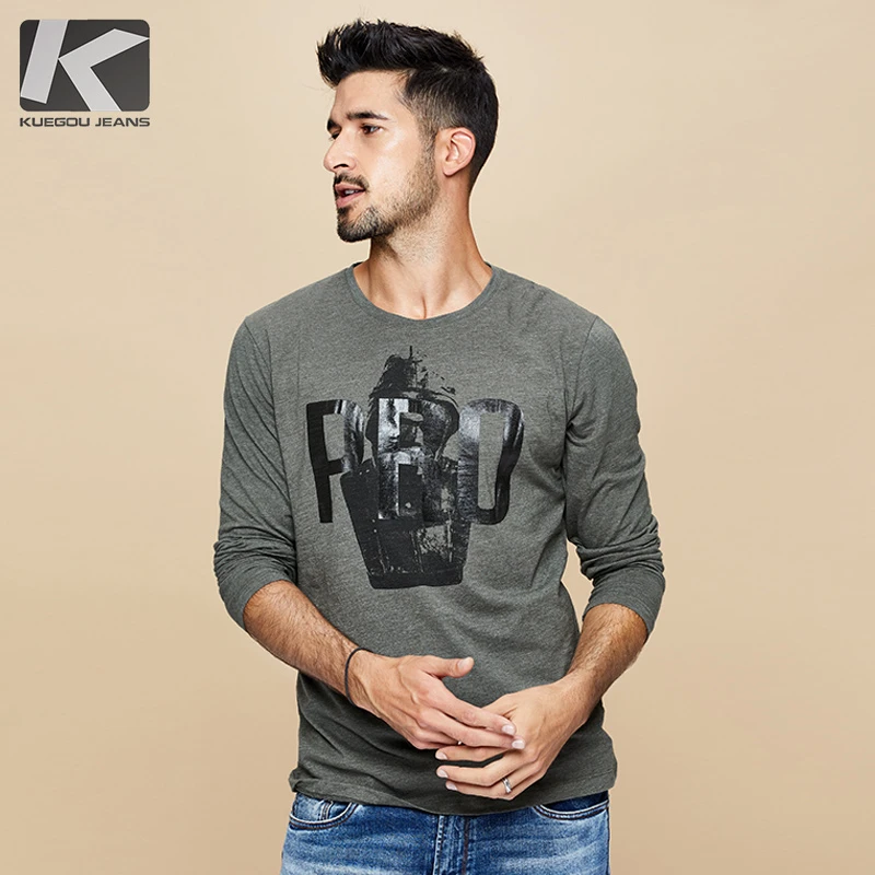 Мужская футболка с принтом осенняя хлопковая длинным рукавом серая зеленая |