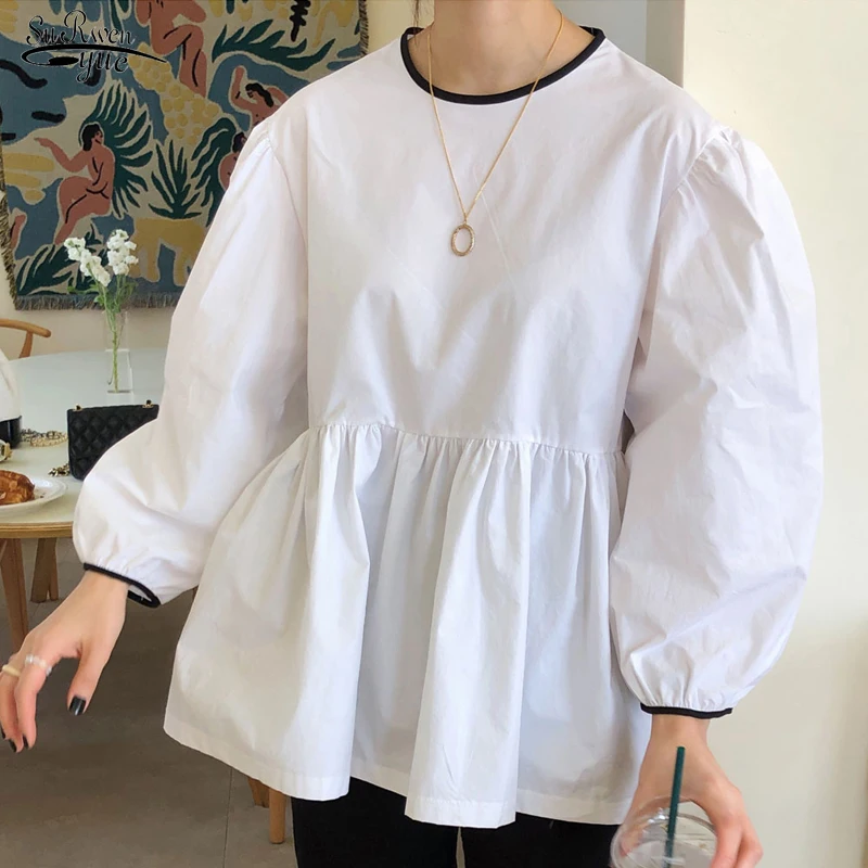

2021 Autumn New Women Doll Shirt Causal Puff Long Sleeve Hit Color O-neck Blouse Korean Sweet Top Blusas Feminimos White 15333