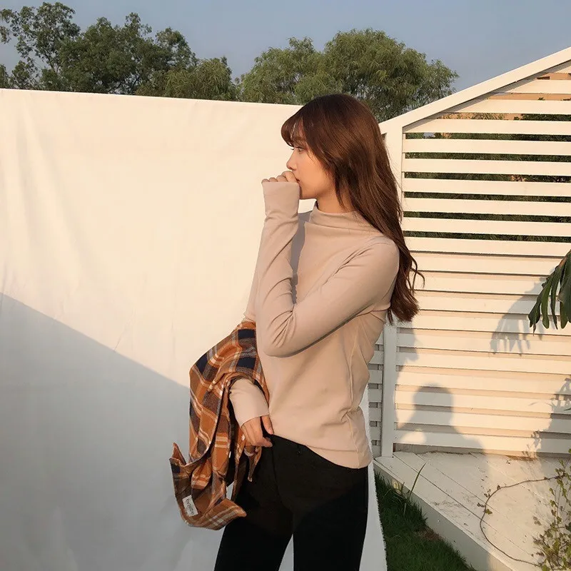 Ulzzang, корейский стиль, длинный рукав, одноцветная, женская футболка, водолазка, повседневная, тонкая, Roupas Feminina, боди, футболка, женская, черная, белая