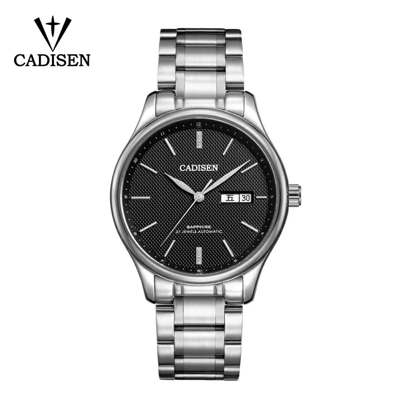 Black CADISEN Модные мужские автоматические механические часы спортивные часы для отдыха Бизнес Военные часы 5ATM Календарь Неделя двойной дисплей - Цвет: Black