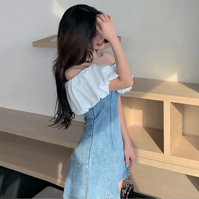 

GALCAUR Denim Dress For Women Slash Neck Butterfly Short Sleeve High Waist Ruffles Plus Size Dresses Female 2021 Summer Clothing