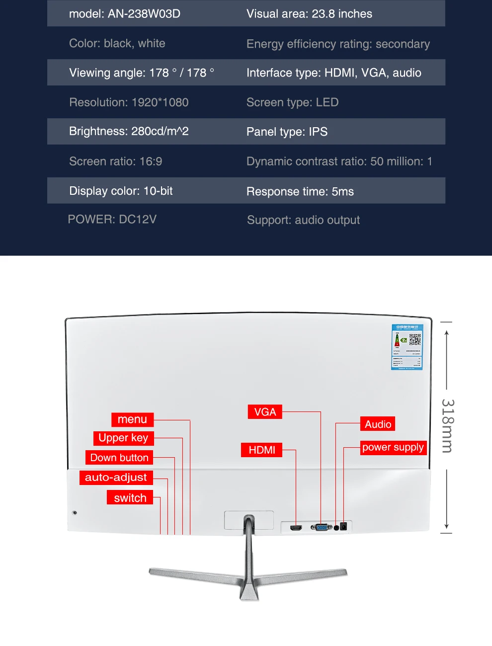 Anmite 23,8 дюймов FHD Hdmi HDR изогнутый TFT ЖК-монитор для соревнований игр светодиодный компьютерный экран HDMI/VGA
