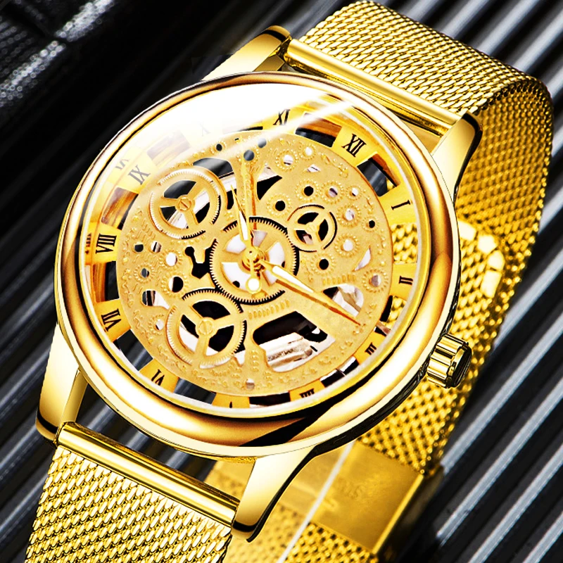 

Часы наручные мужские кварцевые с сетчатым ремешком, модные деловые, со скелетом, с отверстиями, из нержавеющей стали