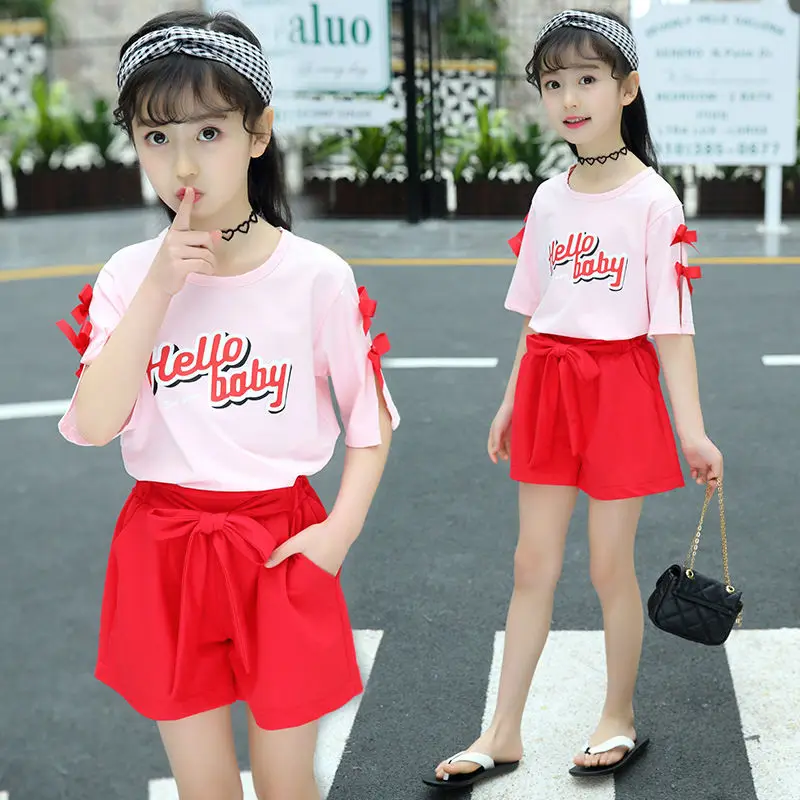 

4-14T Girl Clothing Set Summer Short Sleeve O-neck Sport Casual Clothing Suit Girls Clothes T-shirt & Shorts Two Pieces Set