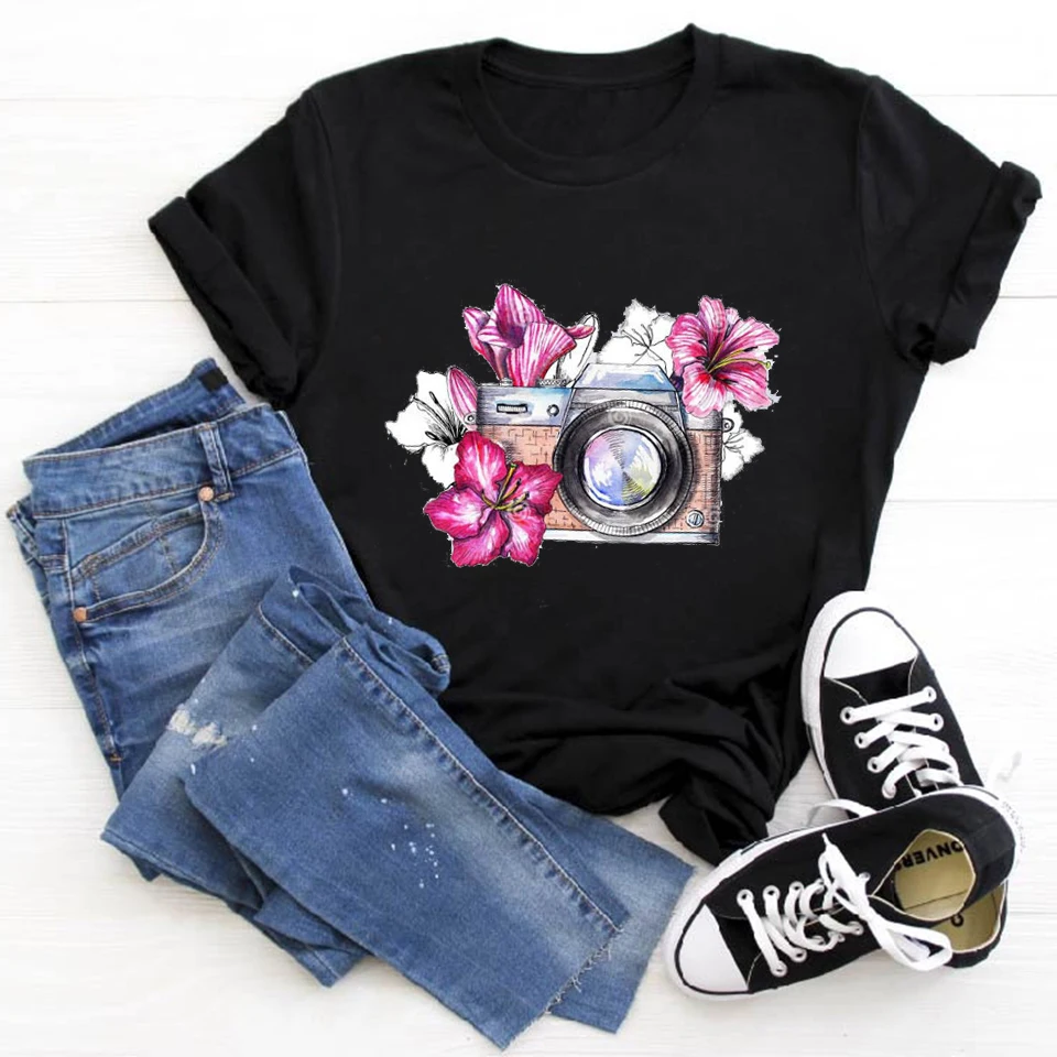 Футболка женская с принтом камеры модный брендовый топ коротким рукавом