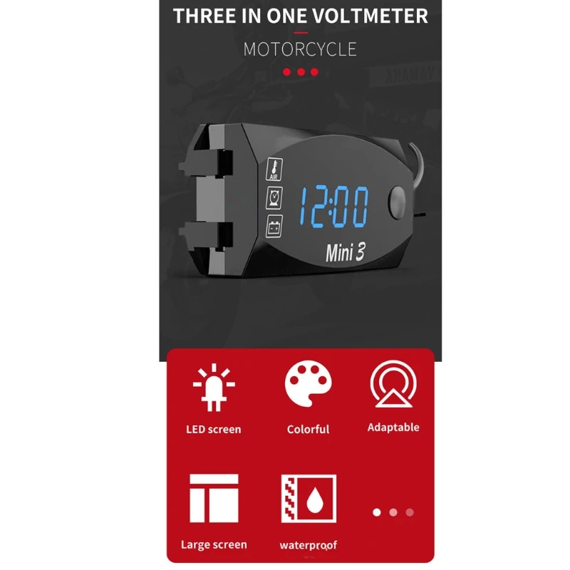 

3 In 1 Digital Time Voltage Temperature Clock Waterproof Dustproof DC 6V-30V Red Green Blue