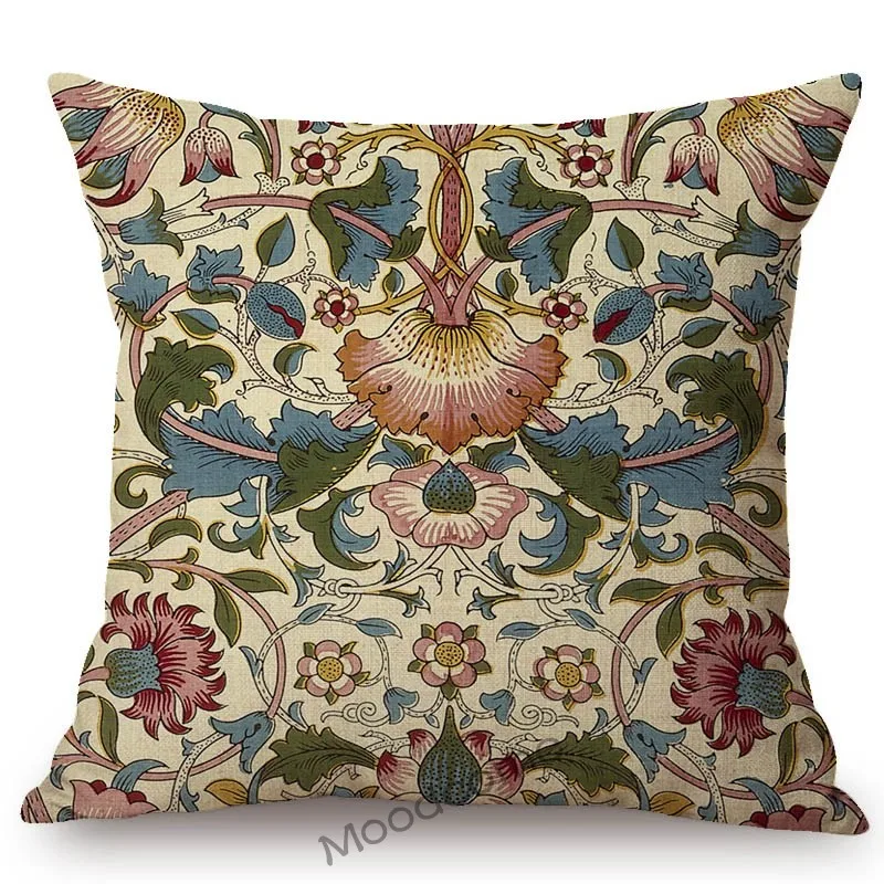 Наволочка для дивана с изображением цветов Морриса птиц из хлопка и льна в