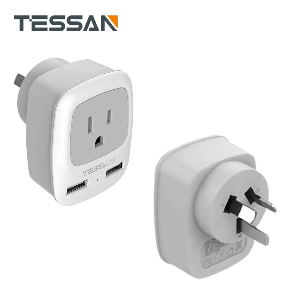

TESSAN Grounded Outlet Travel Power Adapter with 1 AC Outlet 2 USB Charging Ports for USA to Australian New Zealand Fiji Type I