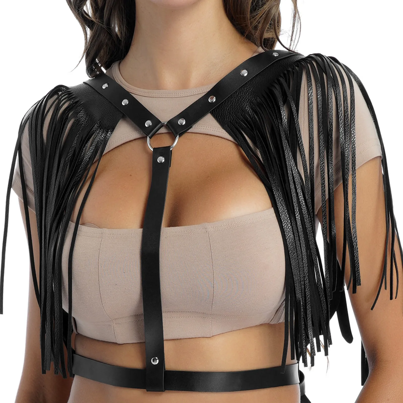 

Womens Adjustable Body Chest Harness Belt Shoulder Tassel Choker Chain Clubwear PU Leather Bondage Belt with Shoulder Tassel
