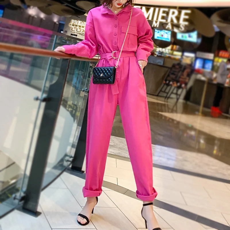 New Spring Autumn Women High Waist Long Sleeve Cotton Overalls Female Casual Vintage Rose Red Tracksuit Lounge Wear Jumpsuit | Женская