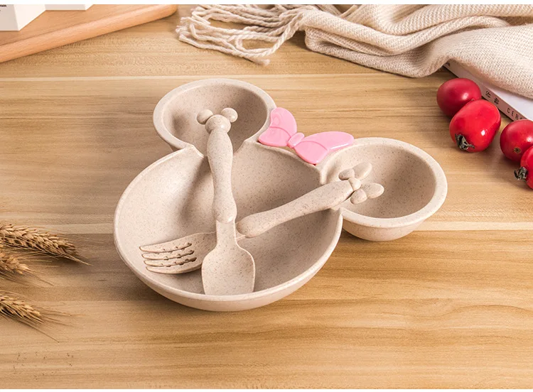 Natural Wheat Straw Bowl Baby Fork Food Bowl Kids Cartoon Toddler Children Spoon Dinner Plate Set Training Tableware Feeding