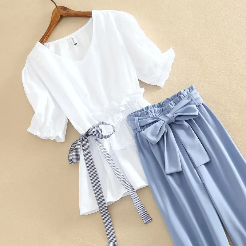 Осенний костюм-брюки большого размера с оборками плотная Талия поясом и широкими