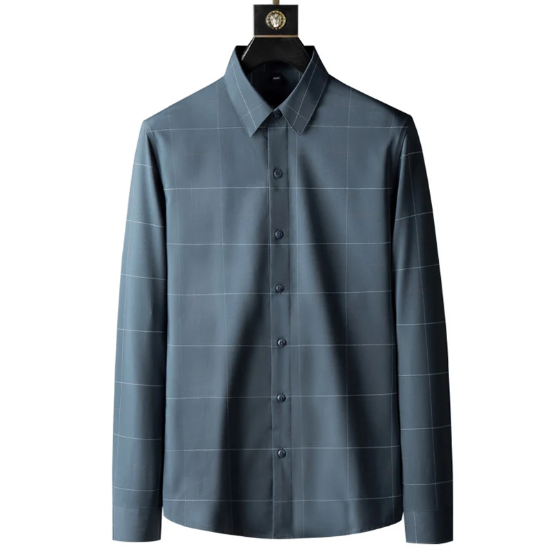 

2021 Spring Plaid Men's Shirt Long Sleeve Business Formal Dress Shirts Casual Slim Fit Streetwear Shirt Tops Social Party Blouse