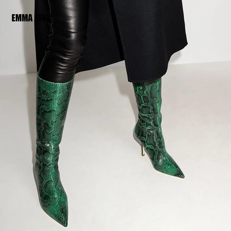 

Green Snakeskin Thin Heels For Women Lady Sexy Knee High Boots Pointed Toe Thigh High Boots New Thigh High Boots Female Shoes