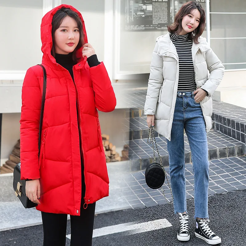 Женское пуховое пальто теплая тонкая куртка с капюшоном однотонная длинная на