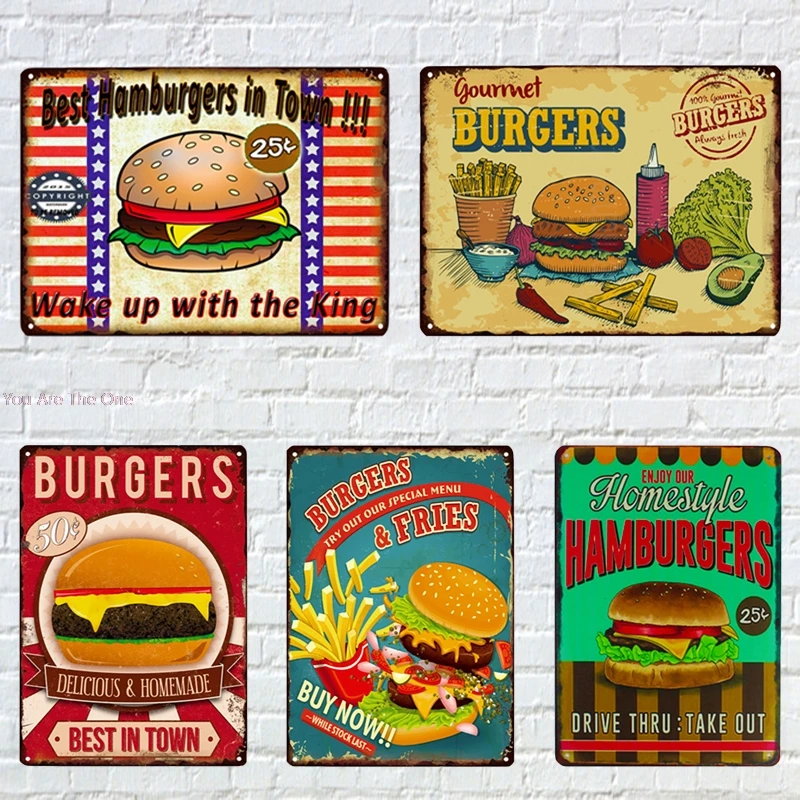 

Metal Tin Signs Burgers Fries Hamburgers Vintage Pub Bar Classical Iron Painting Home Plaque Wall Stickers Vintage Plaque Iron