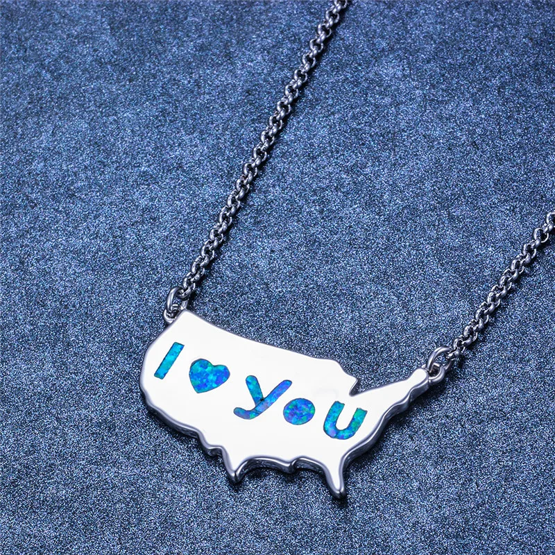 

Boho Female United State Map Pendant Necklace Charm Silver Color Chain Necklace Cute Blue Opal Heart Wedding Necklaces For Women