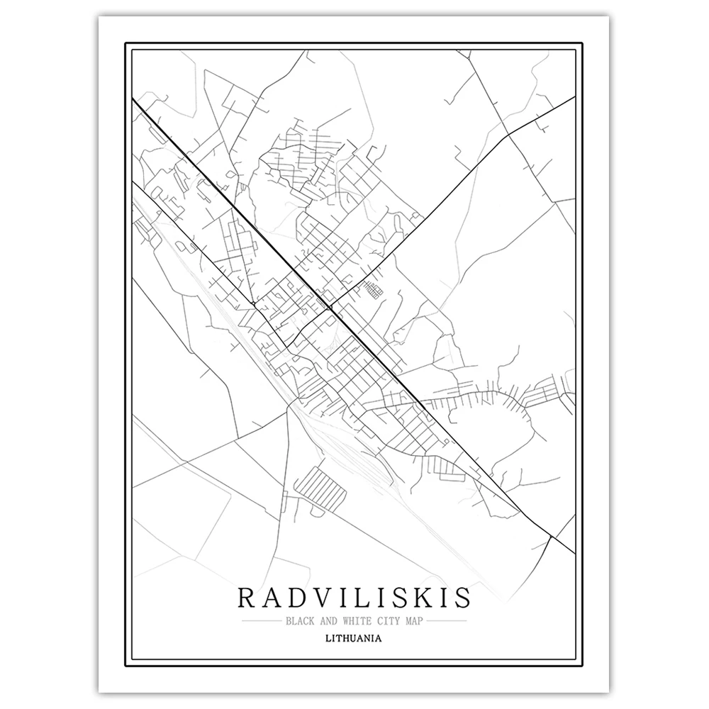 Литовский черный белый мир Карта города плакат Скандинавская гостиная Vilnius ROKISKIS настенные художественные картины Домашний декор холст живопись - Цвет: Radviliskis