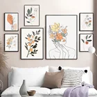 Абстрактный цветок, Женская линия лица, оранжевая настенная живопись на холсте, скандинавские плакаты, принты, настенные картинки для гостиной, домашнего декора