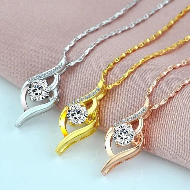 

Luxury Female White Zircon Pendant Necklace Rose Gold Silver Color Chain Necklaces For Women Cute Crystal Round Wedding Necklace