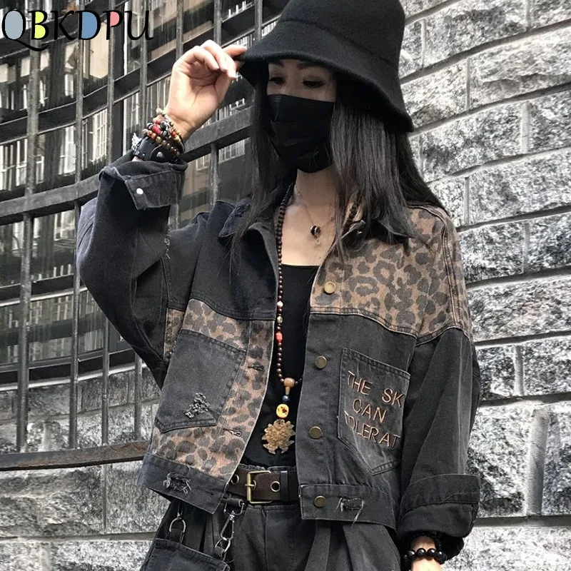 Винтаж Черный Леопард женские джинсовые куртки весна Harajuku панк джинсы пальто