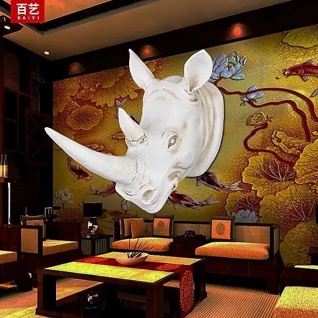 Смолы экзотические носорог глава орнамент белый животного статуи ручные изделия