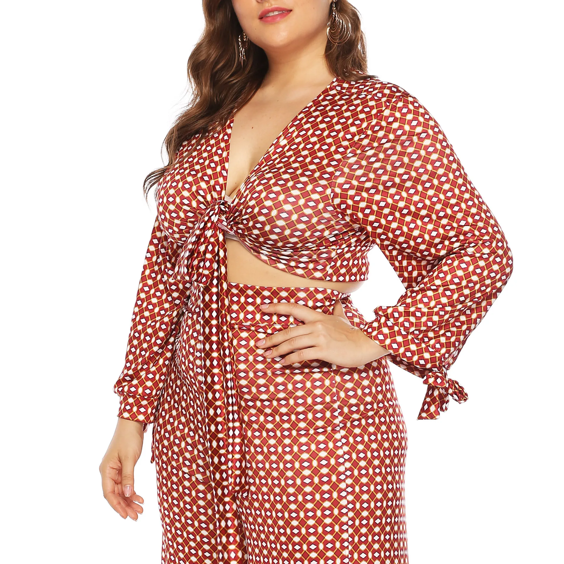 Большой Женский Бандаж с принтом в горошек длинным рукавом разрезом Капри Модный