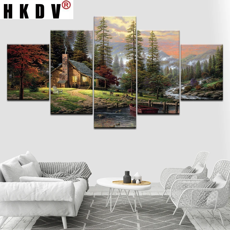 Картина на холсте HKDV настенное искусство домашний декор 5 панелей гор река дерево