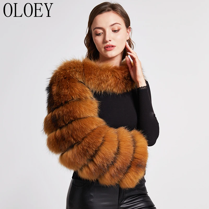 Enlarge Raccoon Fur Sleeve Ladies Fashion 100% Natural Fur Jacket Silver Fox Vest One Sleeve Genuine Leather Coat