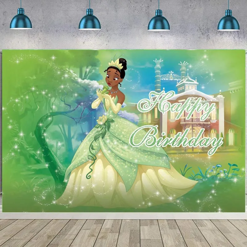 

Tiana Backdrop Princess Frog Baby Shower Girl Birthday Party Glitter Personalized Photo Background Photocall Prop Banner