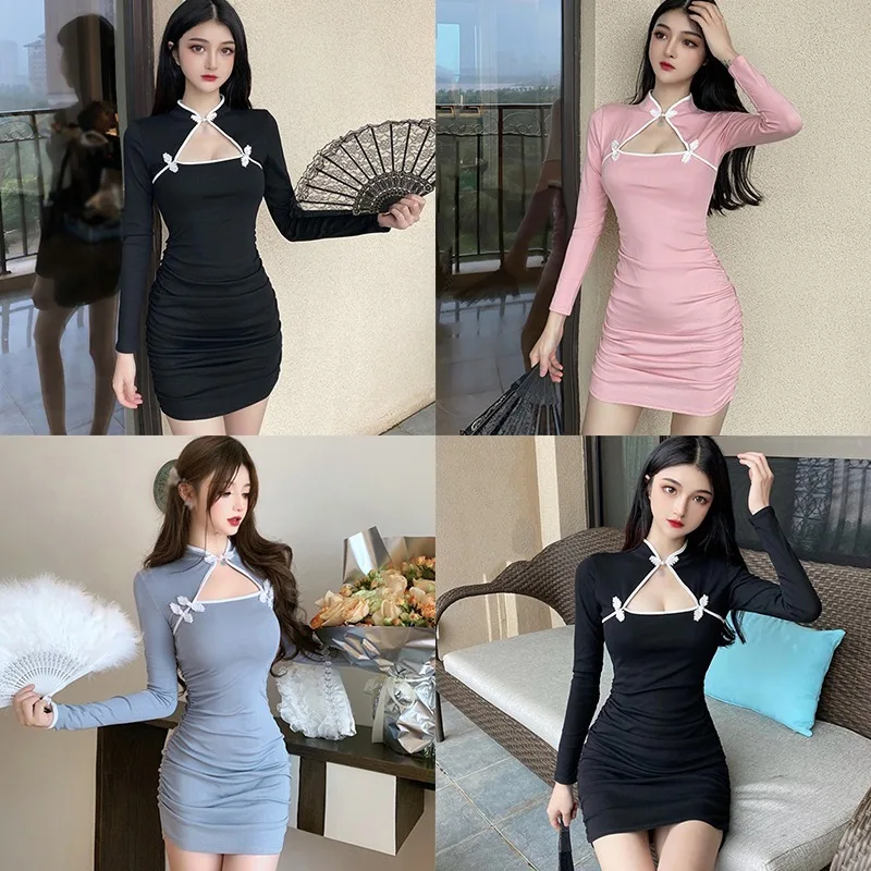 

Women's Solid Color Sexy Hollow Out Sexy Long Sleeve Cheongsam Dress One Size Slim Cheongsam Clothing Chinese Traditional Dress