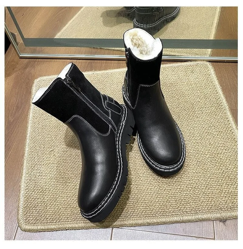 

Sheepskin Single Boot Thick Heel English Martin Thick Leather Snow Boots Waterproof Cotton Boots for Women Winter Boots Women
