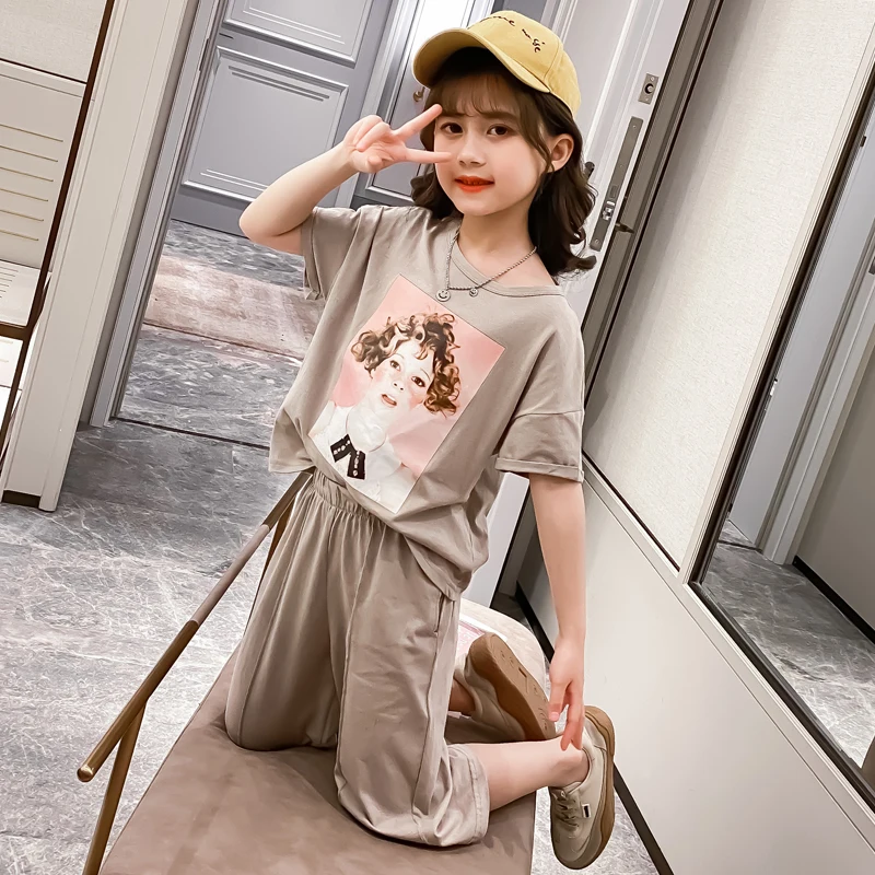 Тонкие летние костюмы для маленьких девочек 7 9 11 лет с круглым вырезом в стиле