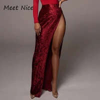 fashion long skirt woman velour side split a line high waist skirt ladies casual sexy party beach skirts women clothes