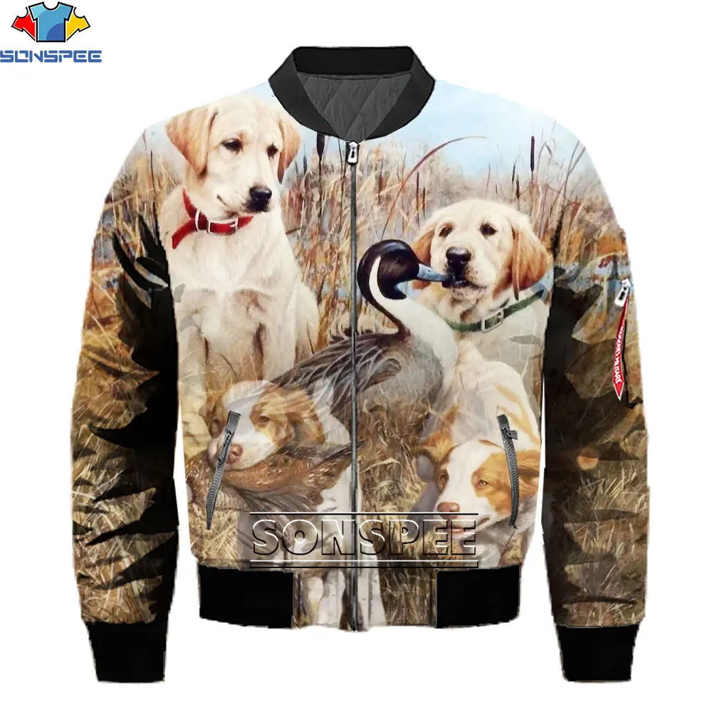 

SONSPEE Hunting Dog Wild Duck Stitching Bomber Jacket Male 3d Fun Printing Autumn Casual Sports Jacket Sports Jacket Gradient