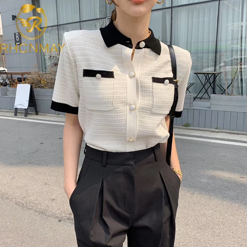 Женская трикотажная блузка летняя Тонкая из вискозы с отложным воротником и