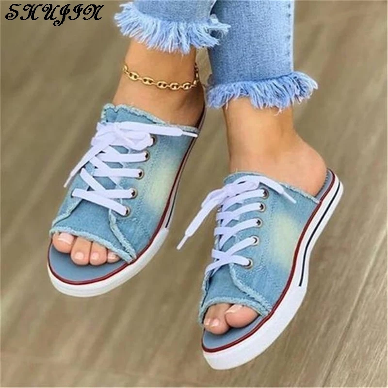 Женские сандалии-шлепанцы Коллекция 2020 года джинсовые тапочки на плоской