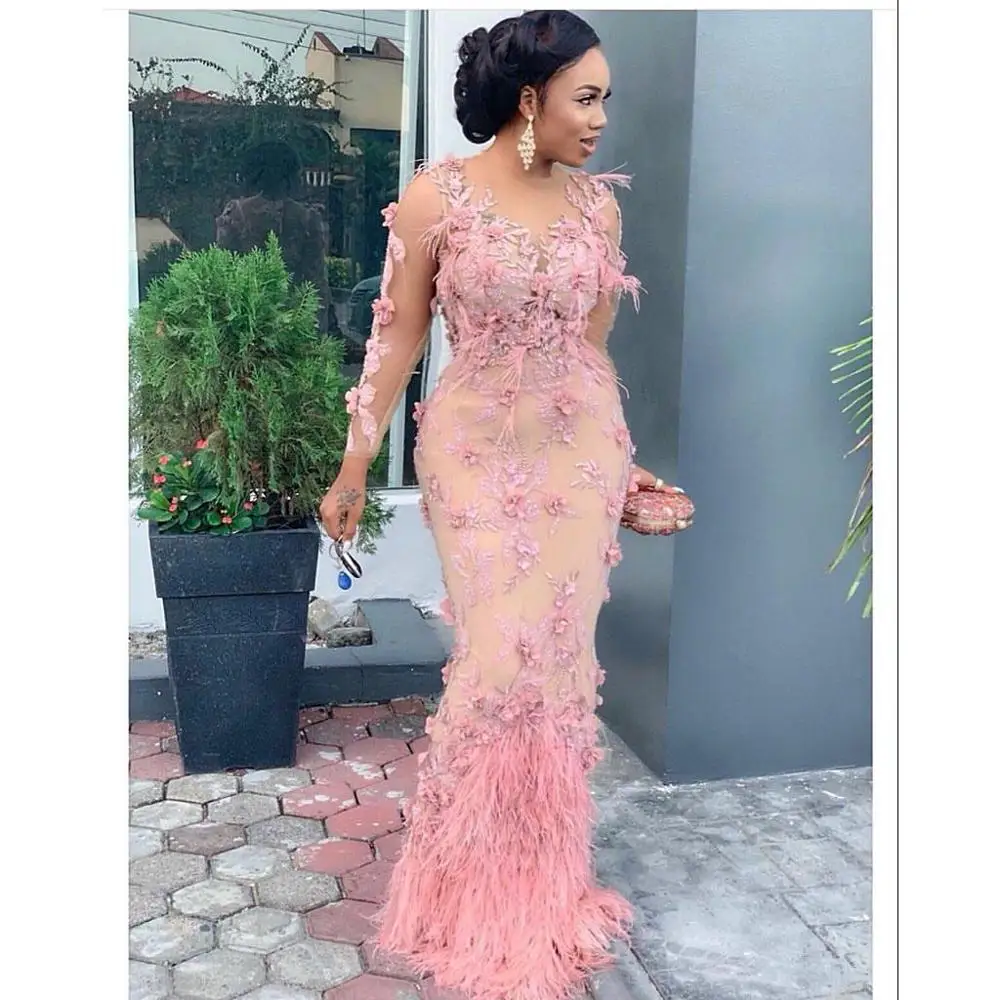 

Aso Ebi Arabic Luxurious Lace Beaded Evening Dresses Mermaid Long Sleeves Feather Formal Party Second Reception prom dress