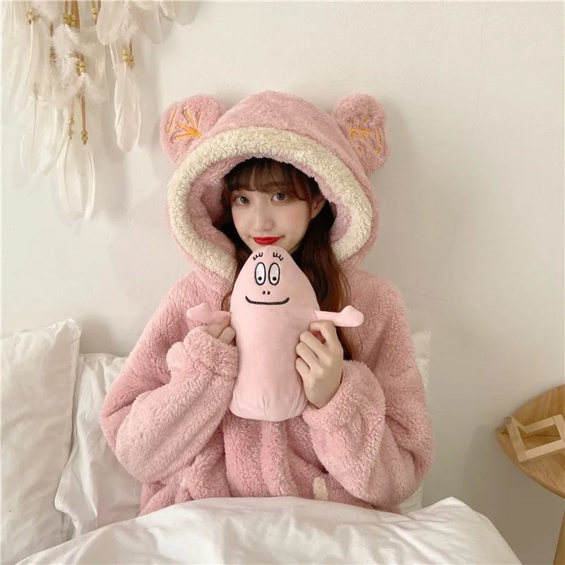 

Warm Pajamas Women Winter Coral Fleece Japanese and Korean Style Cute Mouse Nightdress Plush Cardigan Bathrobe Sleep Wear Women