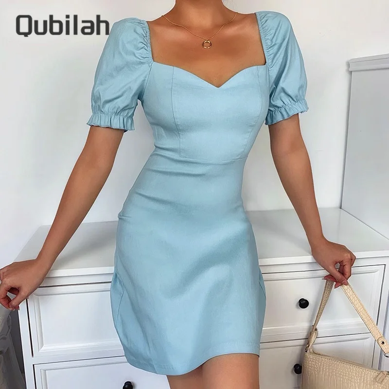 

Puff Sleeve Black Dress Women Fashion Sexy Skirts Casual Mini Square Collar Elegant Dresses Summer Dress Female Clothing 2021