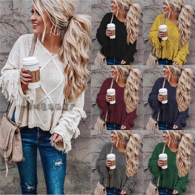 

Pullover women's tassel OL commuter solid color fashion sweater
