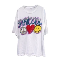 smiley face rhinestone sequined short sleeved t shirt womens tide loose english alphabet t shirt white crop top